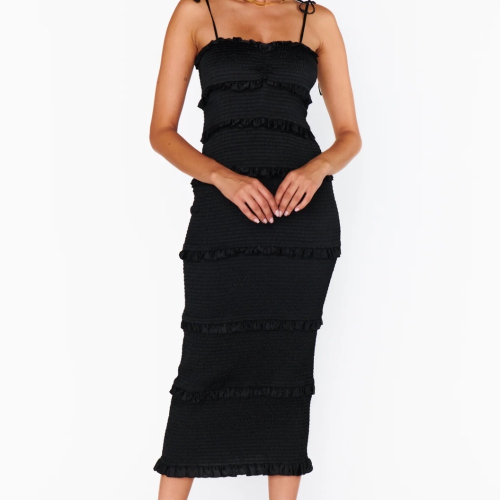 NWOT Show Me Your Mumu Stella Smocked Dress Black Luxe Satin L ! - Picture 1 of 2